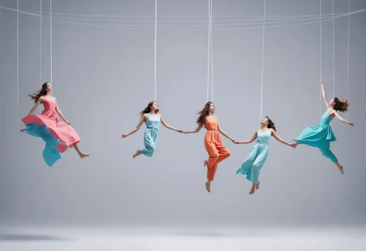the image shows girls suspended from string, in the style of deconstructed minimalism, scattered composition, best quality, masterpiece, highres, absurdres, incredibly absurdres, huge filesize, wallpaper, colorful,8K,RAW photo