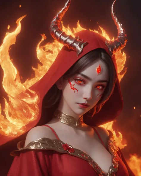 Beautiful young female demon, culed horns, tail, seductive smile, fangs, topless, nude, small breasts,  sexy fetish armor, wreathed in fire, glowing eyes, (fiery eyes:1.2), temptation, taking your soul, hellscape background, tortured souls, hordes of hell in the distance, (masterpiece), (photorealistic:1.4...