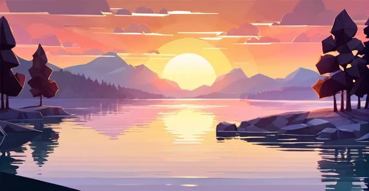 low-poly style comic Create a picturesque image capturing the serene beauty of a sunset over a calm lake. Imagine a scene where the sun is gently setting on the horizon, casting a warm and golden light across the sky. The sky itself is a canvas of soft pastel hues, transitioning from shades of orange and pink near the sun to a delicate lavender and blue near the edges. The sun's rays create a mesmerizing play of colors on the water's surface, as the lake mirrors the breathtaking spectacle above. The water is so still that it seems like a perfect mirror, reflecting not only the sky but also the silhouettes of distant trees lining the lake's edge. The entire scene exudes a sense of tranquility, with a feeling of time standing still as nature's beauty unfolds in this serene moment . graphic illustration, comic art, graphic novel art, vibrant, highly detailed . low-poly game art, polygon mesh, jagged, blocky, wireframe edges, centered composition