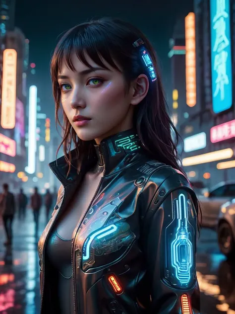 ((masterpiece)), A bustling cyberpunk cityscape at night, neon signs glowing vibrantly, reflecting off the rain-slicked streets. In the foreground, a female android with glowing eyes and intricate circuit patterns on her skin gazes at the skyline. She's wearing a futuristic, sleek jacket with holographic accents. The backdrop features towering skyscrapers with hologram billboards, flying cars zipping by, and a dense, multi-layered urban sprawl. (neon lights:1.5), (futuristic:1.3), inspired by art from 'Blade Runner' and 'Ghost in the Shell', (8K UHD image, cinematic view, ultra-high resolution, Photorealistic, Unreal Engine 5, High-definition, Majestic)." 
 <lora:breasts_slider_v10:-10>