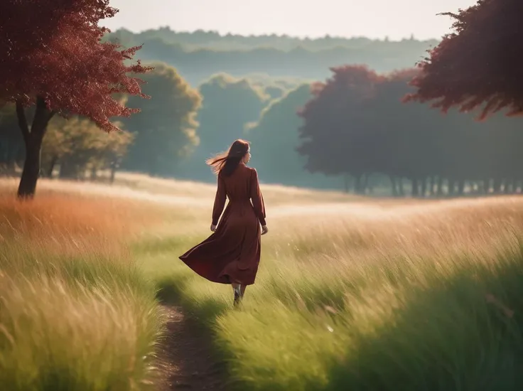 1girl is walking through the grass, in the style of dark orange and dark maroon, flickr, overexposure, mingei, primitivist style, dansaekhwa, best quality, masterpiece, highres, absurdres, incredibly absurdres, huge filesize, wallpaper, colorful,8K,RAW photo