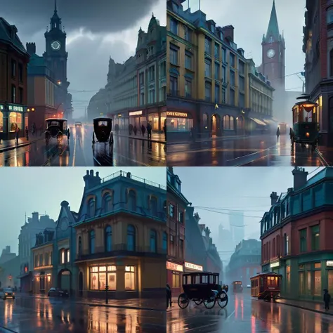 an old victorian city with rainy atmosphere and moody and cinematic lighting by alphonse mucha, simon stalenhag and darek zabrocki, cinematic and atmospheric, concept art, artstation, trending on artstation