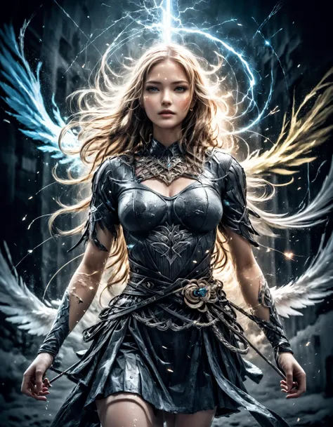 tmasterpiece，top-quality，Best quality at best，offcial art，（Beauty and aesthetics：1.2），（tmasterpiece：1.3）， （8K， realistically， RAW photos， Best quality at best： 1.4）， beauitful face， （photorealiscic face），超高分辨率， ultra real photo， The content is very detailed， the golden ratio， （with dynamism：1.3），（saturate：1.3），illusory engine， (high detal: 1.9)，（femele：1.4），（Large breasts），a mature female，angelic halo，feathered wings，Gorgeous armor，destroyed city in background，Medium portrait，theatrical，（magia），（medieval times：1.8），（Glowing sword：1.5）