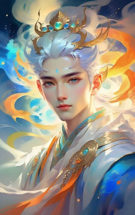 abstract expressionist painting ethereal fantasy concept art of  ,a perfect handsome male, clear face, Holding or channeling glowing energy orbs or constructs., hanfu,
Ultra High Resolution, wallpaper, 8K,Rich texture details, hyper detailed, detailed background, detailed eyes,dramatic angle, epic composition,professional lighting,
SimplepositiveXLv1 . magnificent, celestial, ethereal, painterly, epic, majestic, magical, fantasy art, cover art, dreamy . energetic brushwork, bold colors, abstract forms, expressive, emotional