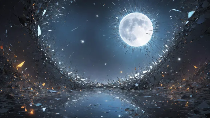 Moon river, broken mirror reflecting surroundings, sharp shards RTX, perspective view, extreme angle, 
ultra detailed abstract photography of liquid longing, sparkles, asymmetrical , glowing color exploding cell shading,  fractal algorithm
Digital painting, artistic, colorful, volumetric lighting, detailed, realistic, sharp