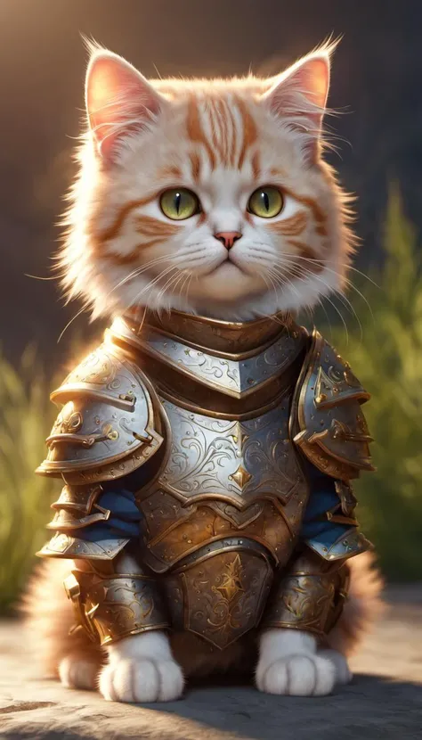 super cute fluffy cat warrior in armor, photorealistic, 4K, ultra detailed, vray rendering, unreal engine, mysterious, masterpiece, best quality