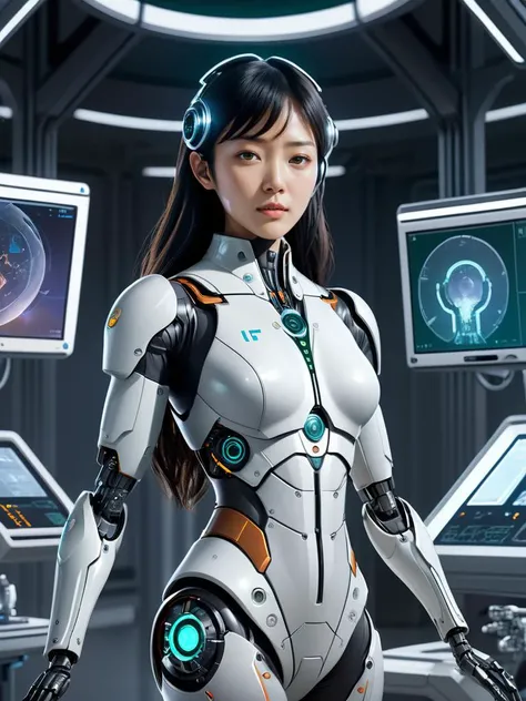 the year 2050,a cute Filipina space nurse with light brown skin,age 20-years-old,slim figure and small breasts,with mid-length brunette hair,dimples,slightly parted lips,(soft pink lipstick),Almond-shaped hazel eyes,(standing in medical bay of starship)