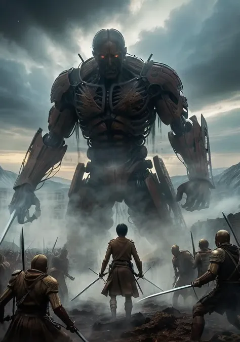 A scene from the Attack on Titan anime, in the style of analytical art, by Ryan Yee, inspired by MAPPA and Zdzislaw Beksinski. The scene depicts a Titan, a humanoid creature with a human-like head and a body made of bone, attacking a group of humans. The humans are fighting back with swords and shields. The scene is set in a dark and ominous landscape. The humans are depicted in a realistic and detailed style, while the Titan is depicted in a more abstract and surreal style. The scene is meant to convey a sense of horror and despair.
<lora:Aether_Ghost_v1.1_LoRA:1>