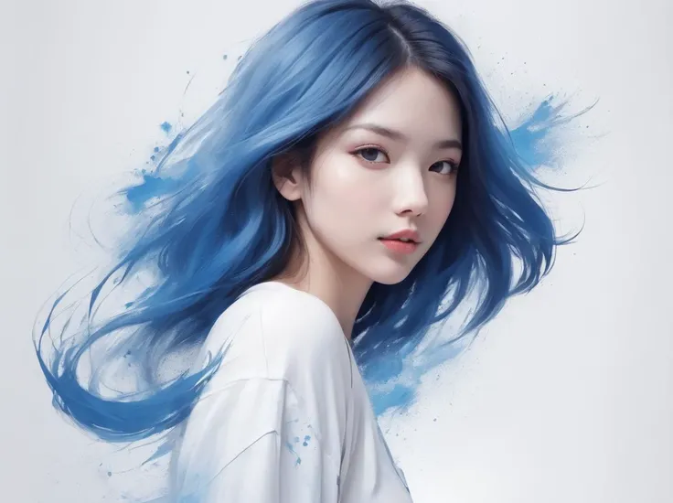 an woman style girl is drawn on a white wall, in the style of subtle ink application, white and blue, minimalism with movement, animated gifs, angura kei, monochromatic sketches, massurrealism, best quality, masterpiece, highres, absurdres, incredibly absurdres, huge filesize, wallpaper, colorful,8K,RAW photo