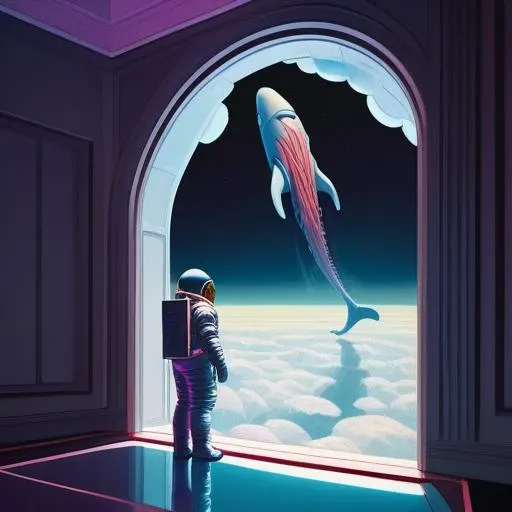 "realistic detailed image of an cosmonaut alone in the tundra next to whale skeleton in the style of Francis Bacon, Surreal, Norman Rockwell and James Jean, Greg Hildebrandt, and Mark Brooks, triadic color scheme, By Greg Rutkowski, in the style of Francis Bacon and Syd Mead and Edward Hopper and Norman Rockwell and Beksinski, open ceiling, highly detailed, painted by Francis Bacon, painted by James Gilleard, surrealism, airbrush, Ilya Kuvshinov, WLOP, Stanley Artgerm, very coherent, art by Takato Yamamoto and James Jean" abstract dream, space, intricate, grand scale, alone, cinematic film still, insane detail, sharp focus, depth of field, realistic lighting, (realistic perspective), complex, (multiple subjects), 4k HDR