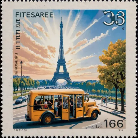 A postage stamp depicting some tourists on a bus looking through the bus window at the Eiffel Tower in the distance <lora:projectstamps:1>