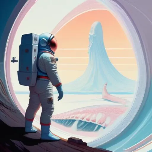 "realistic detailed image of an cosmonaut alone in the tundra next to whale skeleton in the style of Francis Bacon, Surreal, Norman Rockwell and James Jean, Greg Hildebrandt, and Mark Brooks, triadic color scheme, By Greg Rutkowski, in the style of Francis Bacon and Syd Mead and Edward Hopper and Norman Rockwell and Beksinski, open ceiling, highly detailed, painted by Francis Bacon, painted by James Gilleard, surrealism, airbrush, Ilya Kuvshinov, WLOP, Stanley Artgerm, very coherent, art by Takato Yamamoto and James Jean" abstract dream, space, intricate, grand scale, alone, cinematic film still, insane detail, sharp focus, depth of field, realistic lighting, (realistic perspective), complex, (multiple subjects), 4k HDR