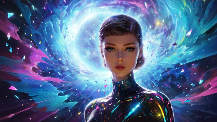 Moon river, synthwave colors <lora:AetherPunkAI:0.5>AetherPunkAI portrait of Leya Seydoux as <lora:adr_AudreyHepburn_SDXL-LoRA-prodigy-clip1-v01:0.8> AudreyHepburn, large broken mirror shards reflecting surroundings, sharp shards RTX, perspective view, extreme angle,
ultra detailed abstract photorealistic painting of liquid joy, sparkles, asymmetrical , glowing color exploding cell shading, fractal algorithm
Digital painting, artistic, colorful, volumetric lighting, detailed, realistic, sharp, nebula sky