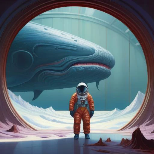 "realistic detailed image of an cosmonaut alone in the tundra next to whale skeleton in the style of Francis Bacon, Surreal, Norman Rockwell and James Jean, Greg Hildebrandt, and Mark Brooks, triadic color scheme, By Greg Rutkowski, in the style of Francis Bacon and Syd Mead and Edward Hopper and Norman Rockwell and Beksinski, open ceiling, highly detailed, painted by Francis Bacon, painted by James Gilleard, surrealism, airbrush, Ilya Kuvshinov, WLOP, Stanley Artgerm, very coherent, art by Takato Yamamoto and James Jean" abstract dream, space, intricate, grand scale, alone, cinematic film still, insane detail, sharp focus, depth of field, realistic lighting, (realistic perspective), complex, (multiple subjects), 4k HDR