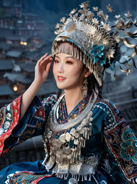 open eyes,smile,huge breasts,In a vast and starry sky,a young Chinese woman in an elegant celestial blue robe floats effortlessly. The robe is made of a fine silk that billows and ripples as she moves,almost dissolving into the vaporous skyscape. Intricate gold embroidered patterns adorn her sleeves and hem,adding a touch of elegance and sophistication. Wisps of fog swirl around her like silky veils,creating a sense of mystery and intrigue,
(High quality, Superb lighting, Highly detailed, Sharp focus, 8K UHD, masterpiece art),<lora:miaolan2-aki-000008:1>,
