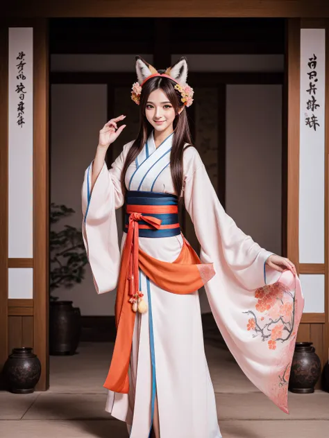 2d, comic, toon, wide image, art, simple background, corruption, photo, film grain,
1girl, fantasy, (fox tail:1.1), (fox ears:1.4), hair flower, hair ribbon, nervous smile, mature , sex, very long hair, bangs,
tattoo,full body,
smile, blush,
hanfu, pointy footwear, boots,
indoors, pose,