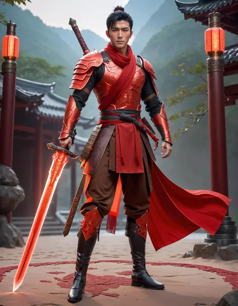 asian male warrior with red armor posing with glowing red large masculine sword, short vertical black hair, long red scarf around the neck to legs, brown pants, red boots, in brave warrior pose, perfect world, pwi, (best quality), (photo-realistic:1),