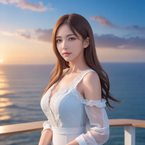 Office lady, at the seaside, long hair, dress,
outer space, blue sky, white cloud, soft lighting, sunset,
panoramic view, portrait, upper body,
photorealistic, masterpiece,highres,8k, depth of field,