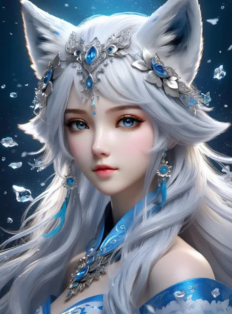 masterpiece, best quality,
official art, extremely
detailed cg 8k wallpaper,
(flying petals)
(detailed ice) , crystals
texture skin, cold
expression, ((fox ears)),
white hair, long
hair, messy hair, blue eye,
looking at viewer,
extremely delicate and
beautiful, water, ((beauty
detailed eye)), highly
detailed, cinematic
lighting, ((beautiful face),
fine water surface, (original
figure painting), ultra-
detailed, incredibly
detailed, (an extremely
delicate and beautiful),
beautiful detailed eyes,
(best quality)