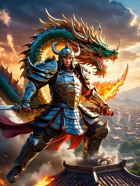 8k,RAW photo,best quality,masterpiece,dynamic angle,
The Chinese male warrior donned a magnificent suit of armor and rode a colossal dragon through the skies above the city. Their flight was a breathtaking display of power and majesty,leaving onlookers in awe. The warrior's eyes blazed with fierce determination,ready to defend his kingdom against any threat.,DTstyle,
<lora:DTStyle:0.3>,