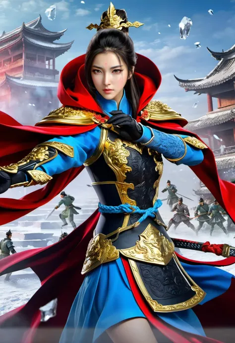 best quality,masterpiece,panoramic,ultra detailed,trending on artstaion,(chinese chinese women:1.5),(18 years old:1.3),(chinese general in the battlefield:1.1),(full body:1.8),angry face,Black eyes,((beauty detailed eye)),Black hair,(horsetail:1.1),gloves,(full armour:1.1),(gold breastplate:1.2),(fighting enemies:1.5),(cloak:1.5),detailed clothes description,beautiful and detailed facial depiction,(sky glows red,visual impact,giving the poster a dynamic and visually striking appearance:1.2)(chinese architecture:1.1),(detailed ice),crystals,close-up,dramatic angle, scene,(natural light:1.5),(the background is the battlefield:1.1),(cinematic lighting:1.2),