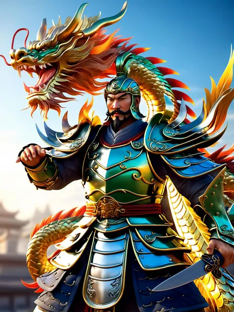 8k,RAW photo,best quality,masterpiece,dynamic angle,
The Chinese male warrior wore a magnificent suit of armor and had a colossal dragon coiled around his body. He stood tall and proud,radiating strength and power. The dragon's scales shimmered in the sunlight as they prepared to face any challenge that lay ahead.,DTstyle,
<lora:DTStyle:0.3>,