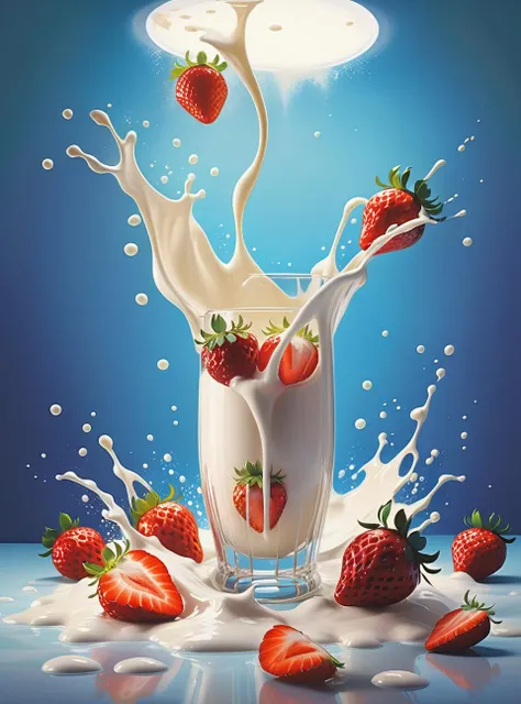 (Magical Photo:1.3) of (Realistic:1.3),(Energetic:1.3) product photography of a strawberries fall into a glass of milk, intricate, epic,(by Artist RHADS:1.3),Highly Detailed,(Provia:1.3)