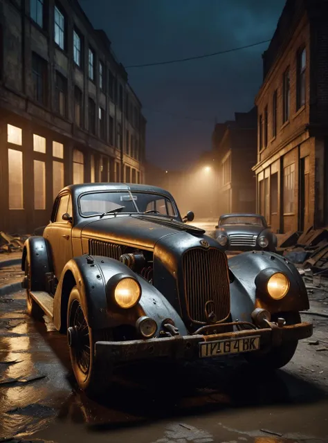 a photo of a dieselpunk sports car, 3/4 front view, survival, post-apocalyptic, cyberpunk, outdoors, night, destruction, urban decay, masterpiece, photorealistic, 8k, high detail, dark theme