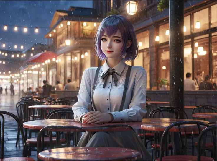 (masterpiece, top quality, best quality, official art, beautiful and aesthetic:1.2), (photorealistic, ultra realistic 8k CG), raw photo, photo:1.5, realistic:1.5, photorealistic:1.5, ultra highres, 8k, texture skin, realistic skin, detailed skin, highest detailed, extreme detailed, 8k wallpaper, colorful,
1 girl, cute, solo, beautiful detailed sky, detailed cafe, night, sitting, dating, (nose blush), (smile:1.15), (closed mouth) small breasts, beautiful detailed eyes, (collared shirt:1.1), night, wet, business attire, rain, white lace, (short hair:1.2), floating hair 
(focus on), color Ink wash painting,
<lora:sdxL_offset:1> <lora:Neg4all_V6:1>