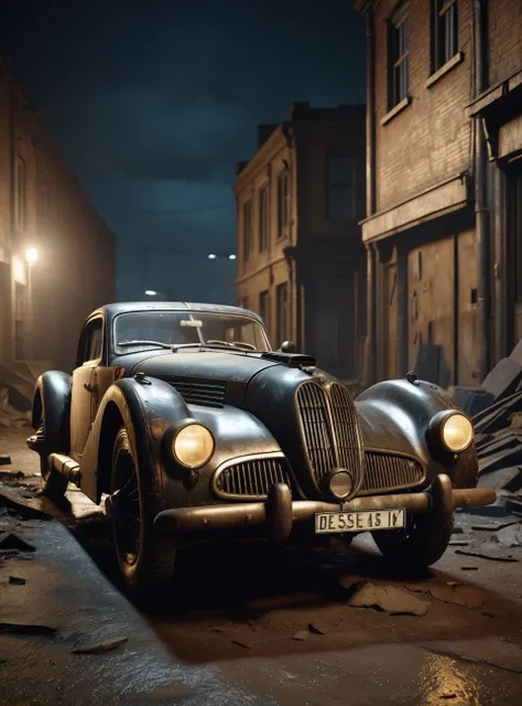 a photo of a dieselpunk sports car, 3/4 front view, survival, post-apocalyptic, cyberpunk, outdoors, night, destruction, urban decay, masterpiece, photorealistic, 8k, high detail, dark theme