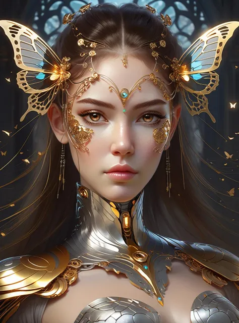 photo, 8k portrait of beautiful cyborg with brown hair, intricate, elegant, highly detailed, majestic, digital photography, art by artgerm and ruan jia and greg rutkowski surreal painting gold butterfly filigree, broken glass, (masterpiece, sidelighting, finely detailed beautiful eyes: 1.2), hdr, realistic, high definition