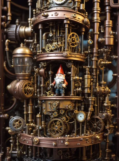3. A tiny gnome tinkerer inside the intricate clockwork of a towering steampunk robot. Detailed macro perspective capturing the small mechanic at work.