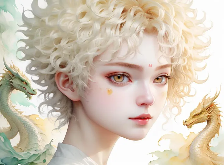 (masterpiece, top quality, best quality, official art, beautiful and aesthetic:1.2), (photorealistic, ultra realistic 8k CG), raw photo, photo:1.5, realistic:1.5, photorealistic:1.5, ultra highres, 8k, texture skin, realistic skin, detailed skin, highest detailed, extreme detailed, 8k wallpaper, colorful,
From the central south temperate zone, is the dragon.
The face was shaped like a goose egg, with innocent wild-leaf eyes beneath a swordface and russet irises.
Super short curly hair with creamy yellow gradation of flaxen.
(focus on), color Ink wash painting,
<lora:sdxL_offset:1> <lora:Neg4all_V6:1>