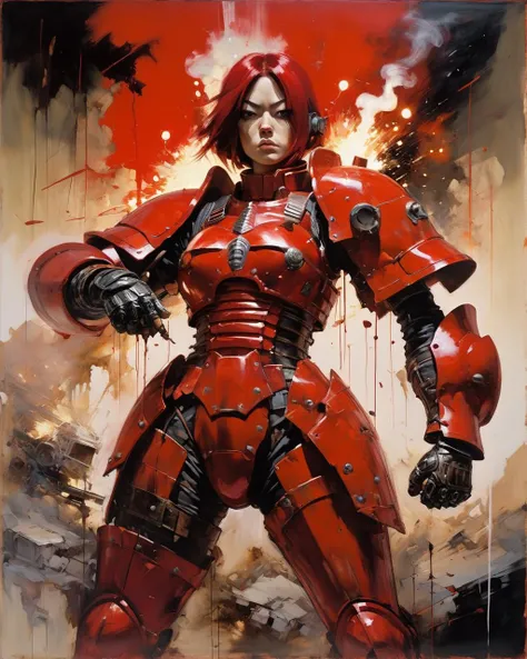1 female
detailed face
battle stance,
red armor
shadows
dramatic lighting
ruins,
smokes
explosions
(best quality, masterpiece, oil painting by Ashley Wood )