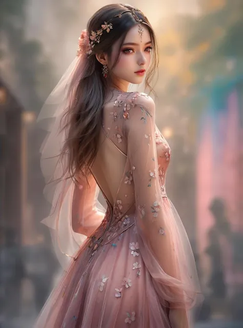 (masterpiece, top quality, best quality, official art, beautiful and aesthetic:1.2), (photorealistic, ultra realistic 8k CG), raw photo, photo:1.5, realistic:1.5, photorealistic:1.5, ultra highres, 8k, texture skin, realistic skin, detailed skin, highest detailed, extreme detailed, 8k wallpaper, colorful,
1girl,solo,beautiful detailed eyes, beautiful detailed face,perfect face,delicate skin ,standing,sheer tulle dress,Medium shot, from behind, huge ass,
(focus on), color Ink wash painting,
<lora:sdxL_offset:1> <lora:Neg4all_V6:1>