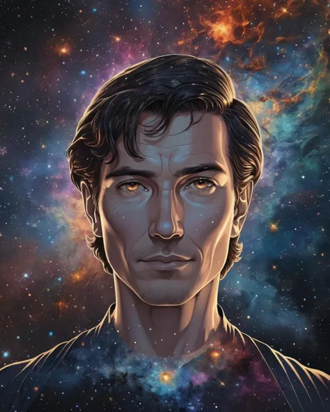 solo, upper body, looking at viewer, detailed background, detailed face, (glowing eyes:1.05), living star constellation, star sign, at peace, mythical, esoteric patterns, interstellar power, nebula, bloom, metaphysics, reincarnation, cosmic dust, cosmic space background, surreal esoteric atmosphere