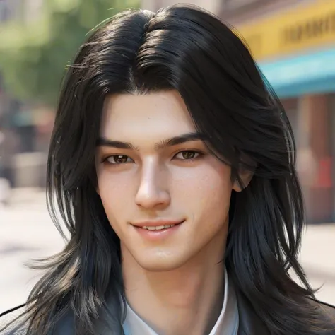 boy walking on street, long hair,black hair, trending fashion, masterpiece, realistic, best quality, 8k, look at viewer, detail eyes, detail face, (detail skin),(( pores: 1.3 )), (freckles:0.6), acne, smile, teeth