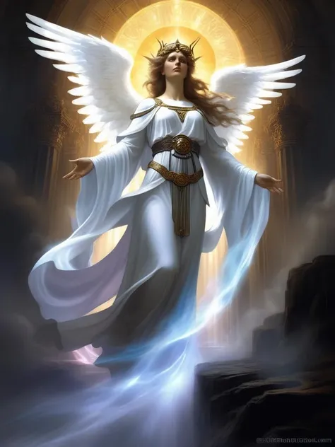 (art by charles bargue:1.3), the angel of death, (Cloaked in flowing, ethereal robes that shift like twilight mist, adorned with celestial symbols of eternity), (Radiating an aura of solemn grace, the angel of death carries out their sacred duty with compassion and unwavering resolve), (With piercing, compassionate eyes and feathered wings that span the expanse of eternity, their presence instills both awe and comfort), ((Ambient Occlusion, Volumetric Lighting, Volumetric Light, Volumetric, Natural Lighting, super resolution, ultra hd, megapixel, (8k resolution), 8k, 8kres, 8k res, absurdres, high resolution)),