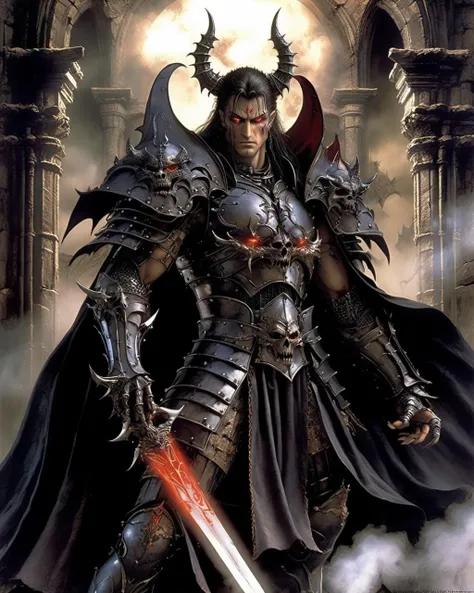 1 male demon, glowing eyes, detailed face, battle stance
gothic armor, cape, castle,
detailed, dramatic lighting, shadow,
by Luis Royo
(best quality, masterpiece, )