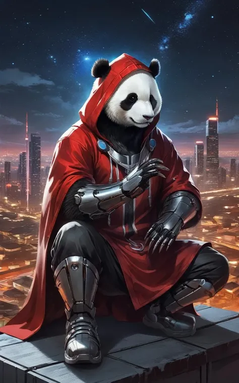breathtaking, a cyborg anthropomorphic giant panda male furry is sitting solo on rooftop, He has very fluffy fur on cheek and animal head, mechanical arms and hands, mechanical legs and boots, He wears a short sleeves red hoodie with both proud and serious on his face, His eyes are black and shine and looking afar, city below, backlighting, night, moonlight, starry sky, shooting star, constellation, realistic, illustration, cyberpunk, science fiction, medium shot, dutch angle, award-winning, professional, highly detailed
