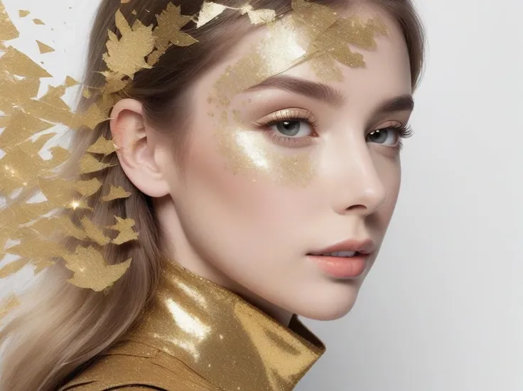 a girl with glitter tape, white backgrounds, in the style of gold leaf, stark black and white, collage-like, louis, i can't believe how beautiful this is, sharpen image, best quality, masterpiece, highres, absurdres, incredibly absurdres, huge filesize, wallpaper, colorful,8K,RAW photo