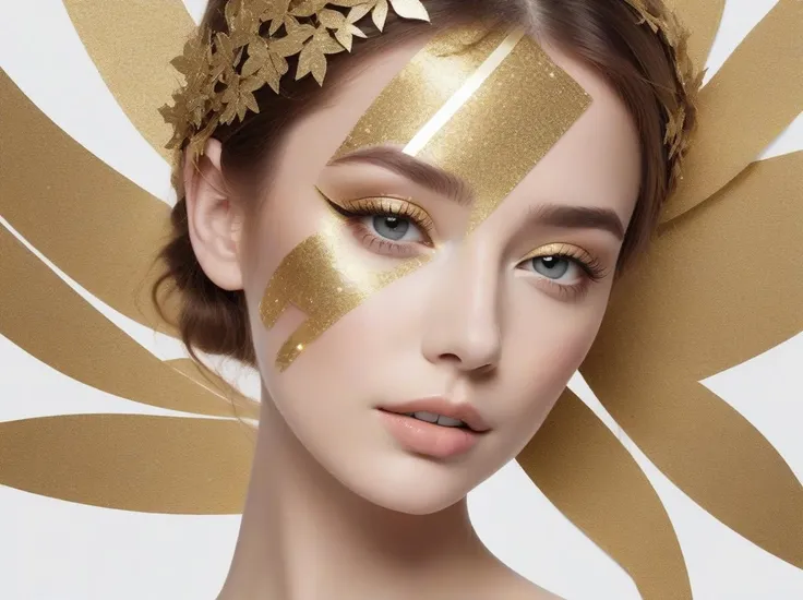 a girl with glitter tape, white backgrounds, in the style of gold leaf, stark black and white, collage-like, louis, i can't believe how beautiful this is, sharpen image, best quality, masterpiece, highres, absurdres, incredibly absurdres, huge filesize, wallpaper, colorful,8K,RAW photo