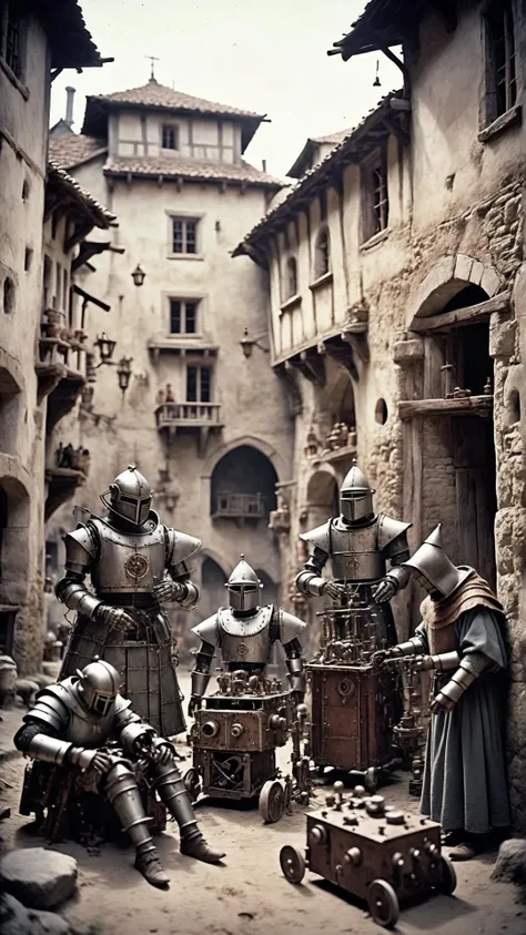 nalog film photo Medieval villagers play with robots . faded film, desaturated, 35mm photo, grainy, vignette, vintage, Kodachrome, Lomography, stained, highly detailed, found footage