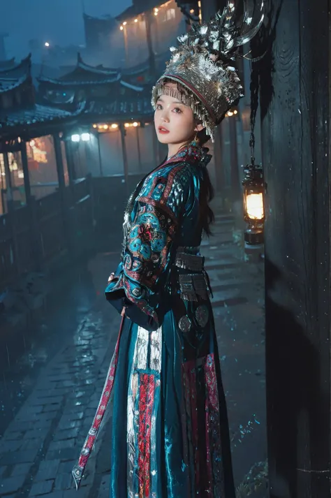 1girl,solo,east asian architecture,architecture,night,outdoors,hat,rain,building,standing,traditional clothes,holding,long sleeves,tree,<lora:miaolan2-000018:1>,upper body,