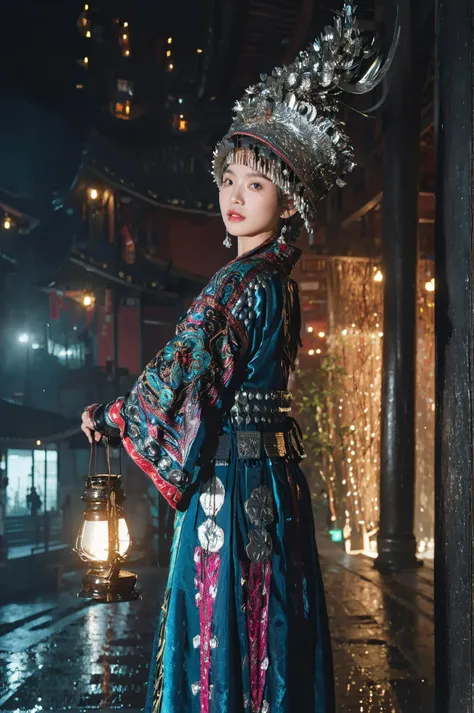 1girl,solo,east asian architecture,architecture,night,outdoors,hat,rain,building,standing,traditional clothes,holding,long sleeves,tree,<lora:miaolan2-000018:1>,upper body,