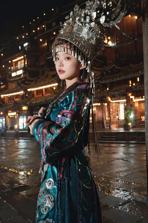 1girl,solo,east asian architecture,architecture,night,outdoors,hat,rain,building,standing,traditional clothes,holding,long sleeves,tree,<lora:miaolan2-000018:1>,upper body,