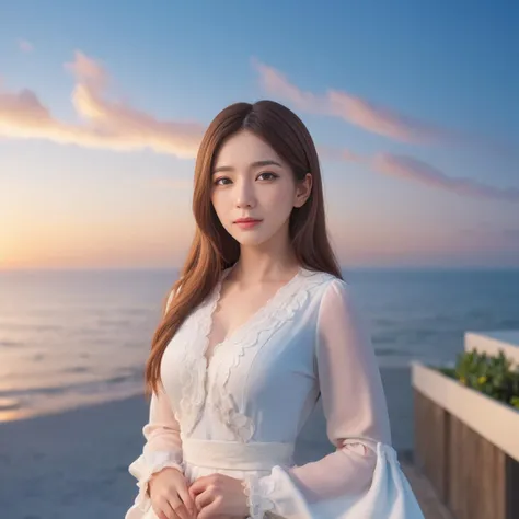 Office lady, at the seaside, long hair, dress,
outer space, blue sky, white cloud, soft lighting, sunset,
panoramic view, portrait, upper body,
photorealistic, masterpiece,highres,8k, depth of field,