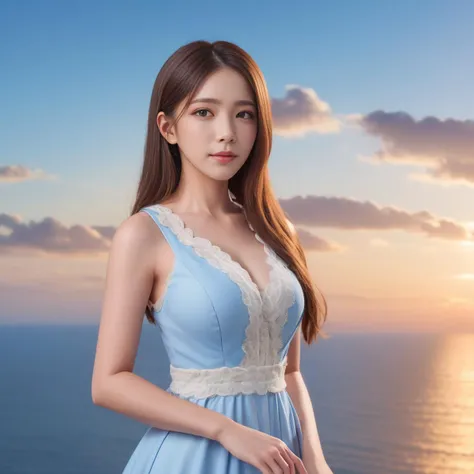 Office lady, at the seaside, long hair, dress,
outer space, blue sky, white cloud, soft lighting, sunset,
panoramic view, portrait, upper body,
photorealistic, masterpiece,highres,8k, depth of field,
