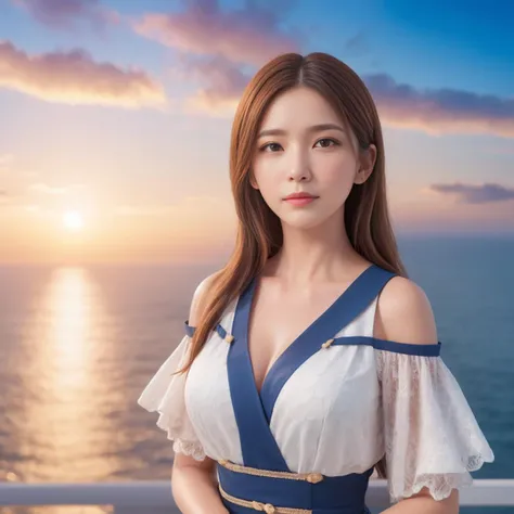 Office lady, at the seaside, long hair, dress,
outer space, blue sky, white cloud, soft lighting, sunset,
panoramic view, portrait, upper body,
photorealistic, masterpiece,highres,8k, depth of field,