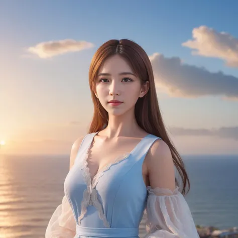 Office lady, at the seaside, long hair, dress,
outer space, blue sky, white cloud, soft lighting, sunset,
panoramic view, portrait, upper body,
photorealistic, masterpiece,highres,8k, depth of field,